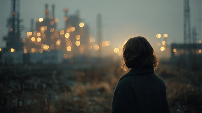 A solitary figure contemplates the industrial landscape at dusk, lights glow in the distance, evoking a sense of introspection and environmental reflection