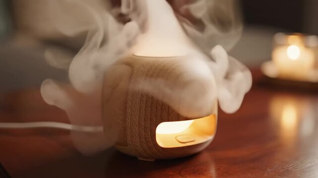 Aromatherapy essential oil diffuser on wooden table.