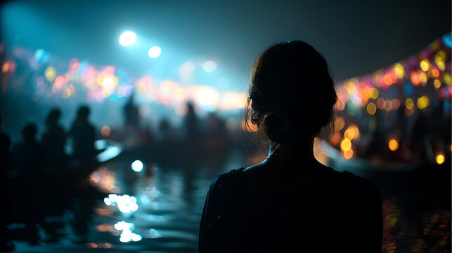 A woman gazing at the vibrant illuminated scene over water. The atmosphere is filled with colorful lights and a sense of wonder. 