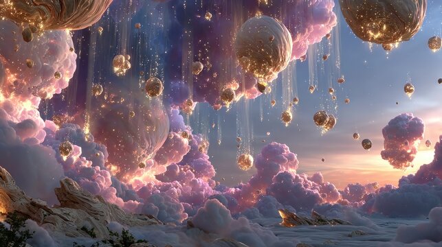 Surreal celestial dreamscape with glowing orbs amidst pastel clouds at dawn