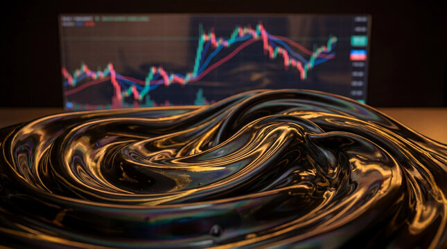 Abstract flowing oil-like waves colliding and merging, symbolizing unstable global oil prices, smooth fluid motion with reflective black and gold textures, glowing financial lines fluctuating 