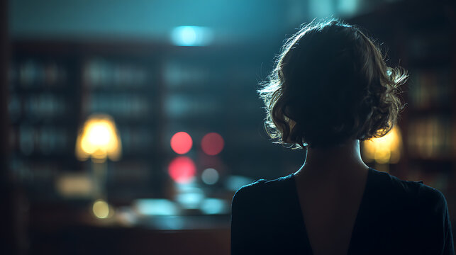 A woman gazes into a dimly lit room, creating an air of mystery and intrigue