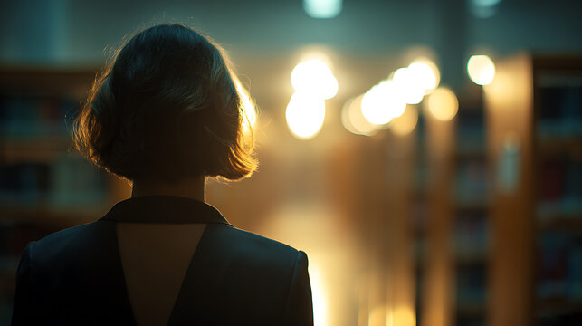 A woman in a blazer standing and looking towards a light filled library