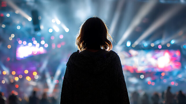 A silhouette of a person standing on a stage, gazing out at the audience, illuminated by stage lights. A moment of anticipation and performance.