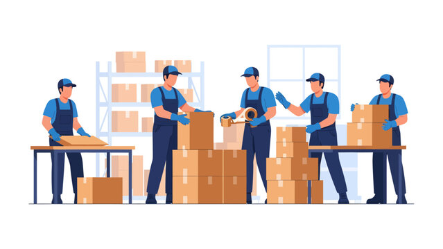 Logistics and teamwork in the warehouse: A team of skilled warehouse workers efficiently sorts and packs a large number of cardboard boxes for the shipping process.
