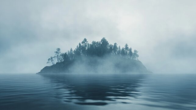 mysterious island covered in thick fog, barely visible trees, generative ai