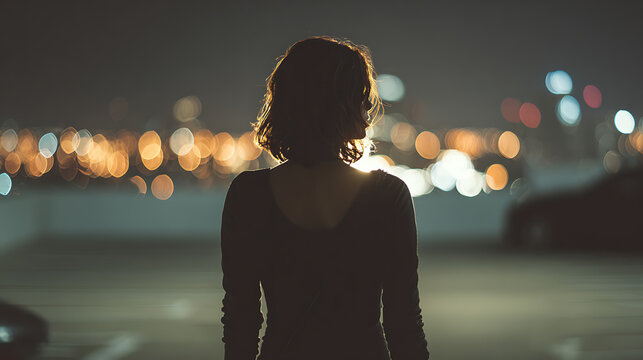 A lone figure gazes upon a distant cityscape at night, lost in thought. The bokeh lights in the distance add a layer of depth and wonder.