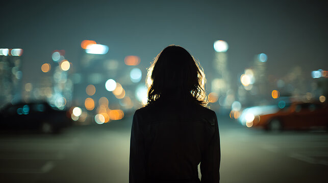 A silhouette of a woman standing in front of a city at night. The city lights create a bokeh effect in the background.