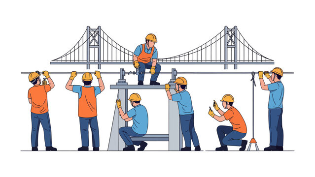 Bridge Construction: A team of dedicated engineers and construction workers collaborate on the construction of a majestic bridge, representing infrastructure. 
