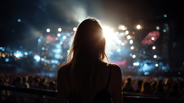 A silhouette of a person standing in front of a stage, immersed in the energy of a music performance