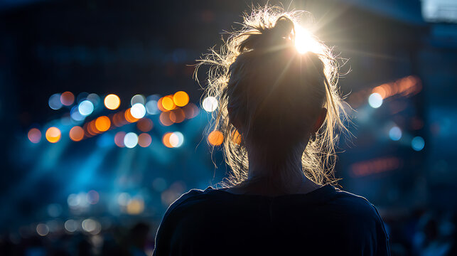 Woman admiring performance. The sun's light creates a halo-like effect around her hair and head, adding a sense of wonder and enchantment