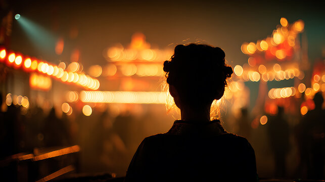A solitary figure observes a vibrant cityscape bathed in warm, inviting light, offering a sense of wonder and intrigue
