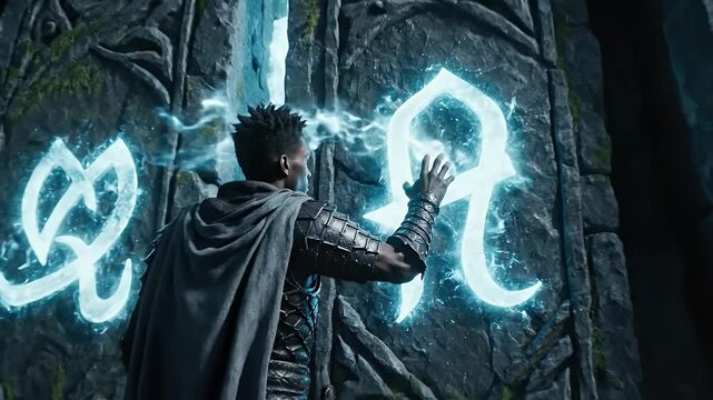 A Lone Cloaked Hero Stands Before A Colossal Runic Portal In Stormy Fantasy Landscape