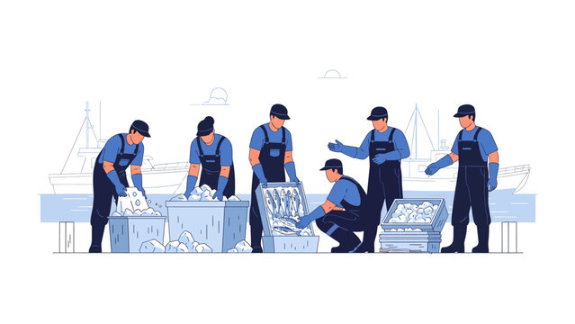 Team sorting Fish: A group of diligent workers meticulously sort and organize their fresh catch, with boats in the background, a display of hard work and the bounty of the sea.