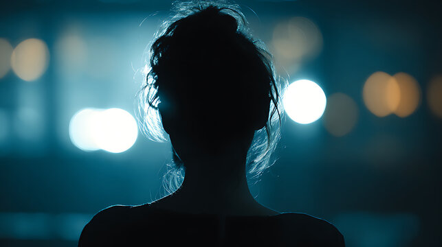 Silhouette of a woman looking out at the city lights. This image captures a moment of contemplation, the woman's form silhouetted against the bright, blurred lights