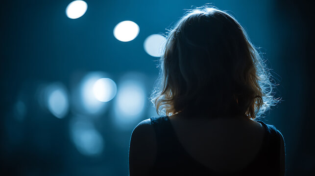 A silhouette of a woman standing in front of an out-of-focus background with blurred lights