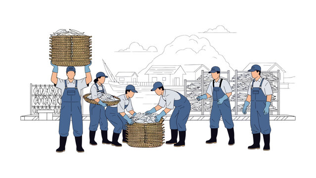 Illustration of a Fish-Processing Collective: A group of hardworking individuals collaborate in the meticulous process of sorting and organizing fish, capturing the essence of their daily work life.