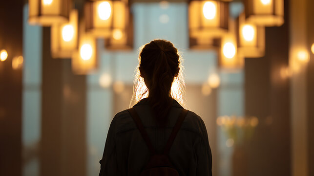 A person walking through a luminous hallway