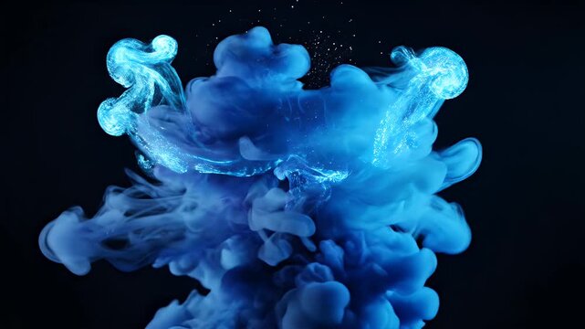 Abstract Blue Ink Cloud Explosion in Dark Water.