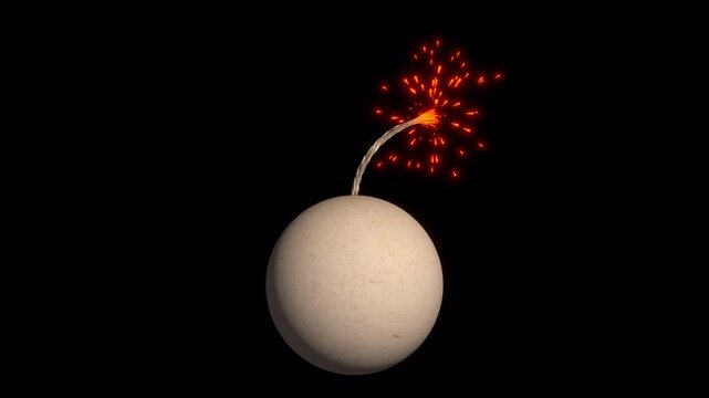 導火線に火が点いて回転する花火玉、4K画質、背景透過のループ映像素材
