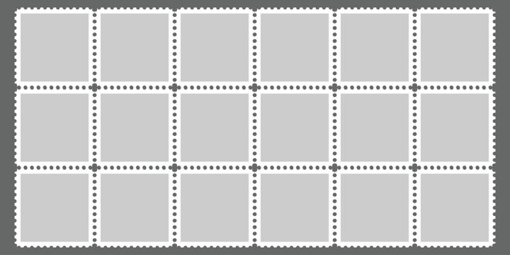 A full sheet of blank postage stamp templates with dotted perforations and serrated outer edges