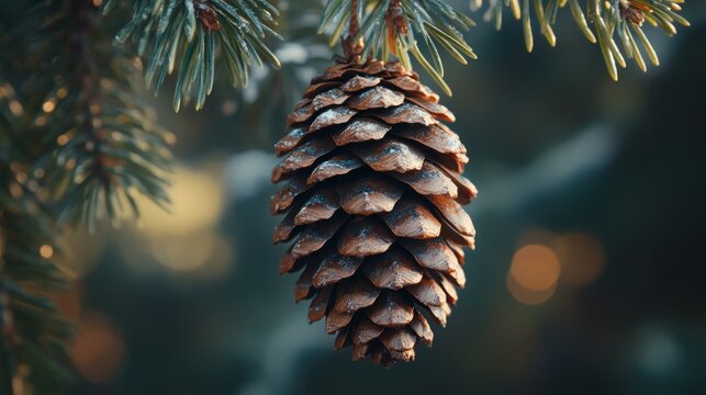 pine cone hanging from a branch, needles and cone textures in sharp detail generative ai
