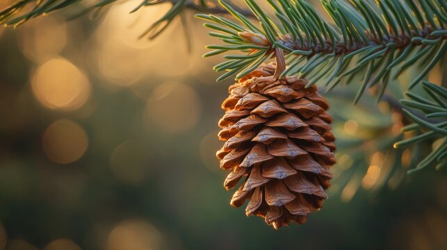 pine cone hanging from a branch, needles and cone textures in sharp detail generative ai