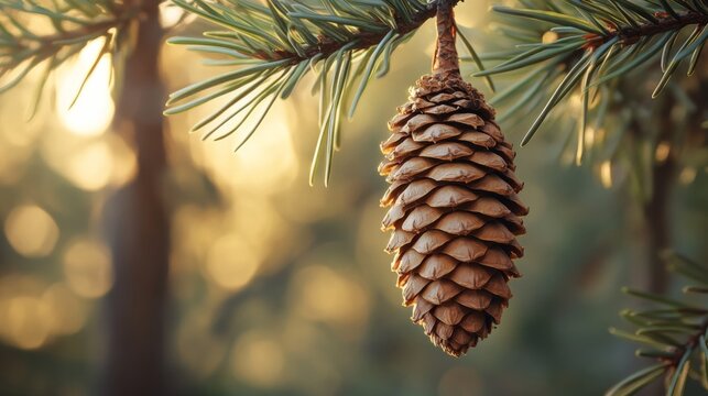 pine cone hanging from a branch, needles and cone textures in sharp detail generative ai