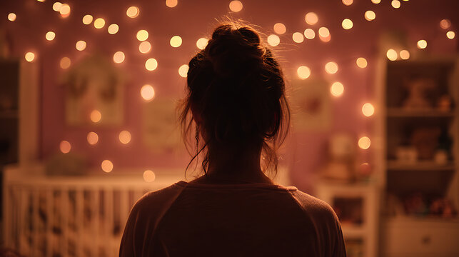 A person gazing into a child's nursery, illuminated by soft lights