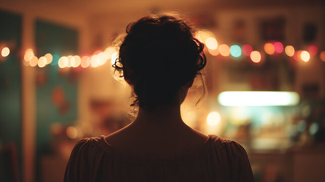 A silhouette of a woman standing in front of illuminated string lights, creating a warm, cozy atmosphere. The composition emphasizes the figure's back, generating a sense of mystery and introspection