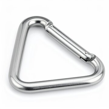 Silver triangular carabiner clip with spring-loaded gate mechanism for secure attachment in outdoor and climbing activities; metal hardware