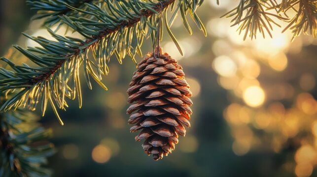 pine cone hanging from a branch, needles and cone textures in sharp detail generative ai