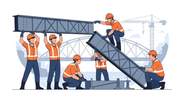Construction Harmony: An illustration of construction workers harmoniously collaborating to erect a steel structure, embodying the synergy of teamwork and precision. 