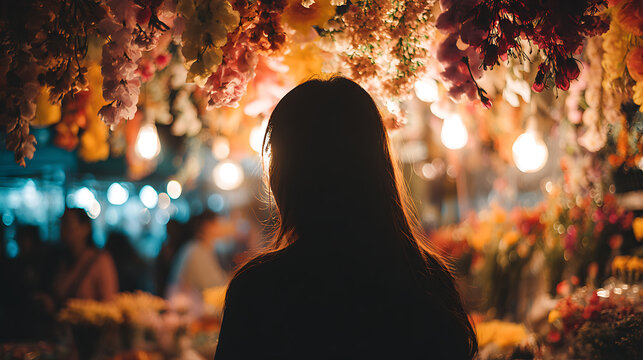 A Silhouette woman stands amidst a floral arrangement, with a blurred backdrop of other people. The scene is illuminated by light bulbs