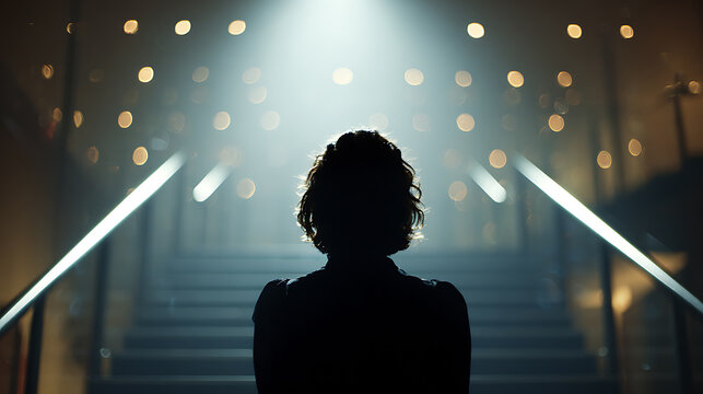 A silhouette of person walking towards bright light at the end of staircase