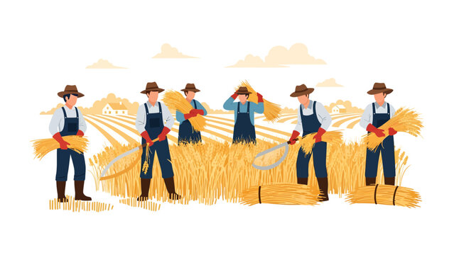 Harvesting Harmony: Farmers in unison gather sheaves of wheat in a golden field, embodying community and the seasonal bounty.