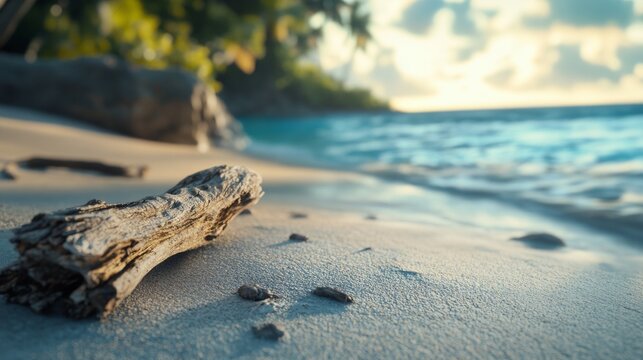 remote island beach with driftwood scattered, tropical vegetation generative ai