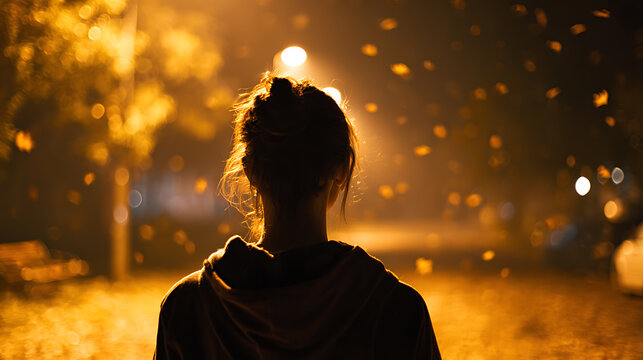 A solitary figure walks alone at night, enveloped in a soft, atmospheric glow and surrounded by light reflections