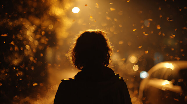 A solitary figure walking into the night, amidst a golden and mysterious ambiance. The scene evokes a sense of introspection and the unknown.