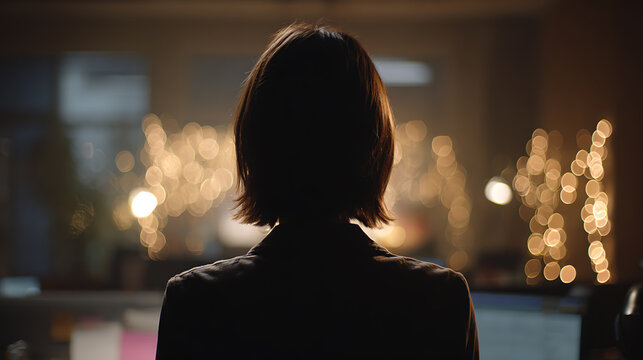 A silhouette of a person looking at the screen with lights in the back