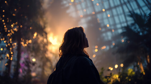 Woman standing and gazing at lights in the botanical garden. The person is at the center of the frame, bathed in the soft glow of the artificial illumination