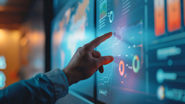 Professional using a smartboard during a corporate presentation, with a close-up on their hand interacting with the digital screen, showcasing dynamic and interactive discussions