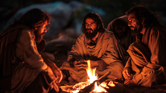 An intimate moment captured as Jesus talks to his disciples around a campfire, with the light casting warm glows on their thoughtful faces