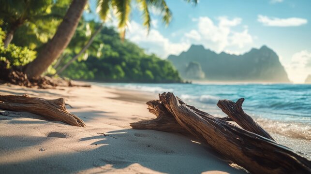 remote island beach with driftwood scattered, tropical vegetation generative ai