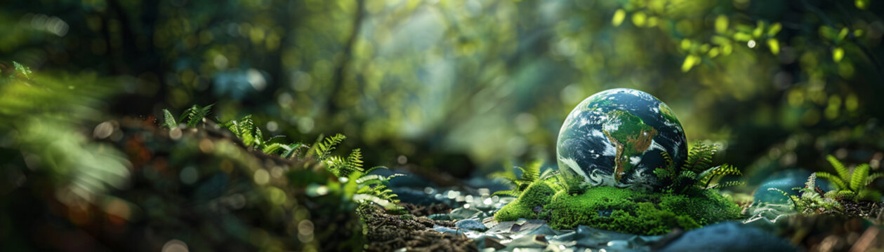 Celebrating Earth Day. A healthy globe nestled in nature, embodying our commitment to eco-friendly living and planetary health. Healthy globe in its natural embrace. Sustainable living for Earth Day.