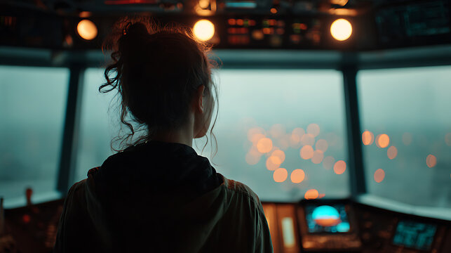A woman thoughtfully looks out from a cockpit, contemplating the misty environment beyond the windows. A compelling image that sparks curiosity and wonder