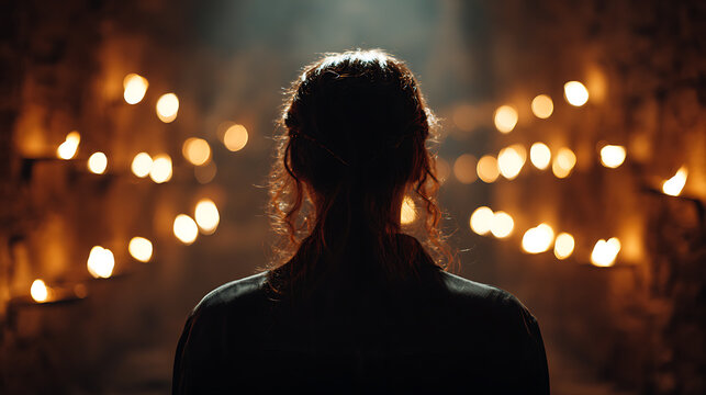A mysterious person looks towards the light. The ambiance is dark and atmospheric, with lights flickering in the background