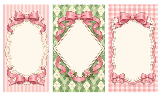 Whimsical cards with coquette ribbon frames and striped backgrounds. Vintage border with bow on romb preppy pattern. Vector wavy frame on chequered