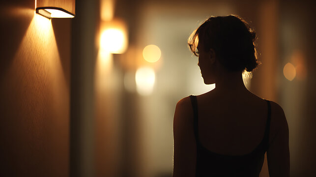 A silhouette of a woman walking in the hallway, with wall lights creating a warm glow. The scene evokes a sense of mystery and introspection.
