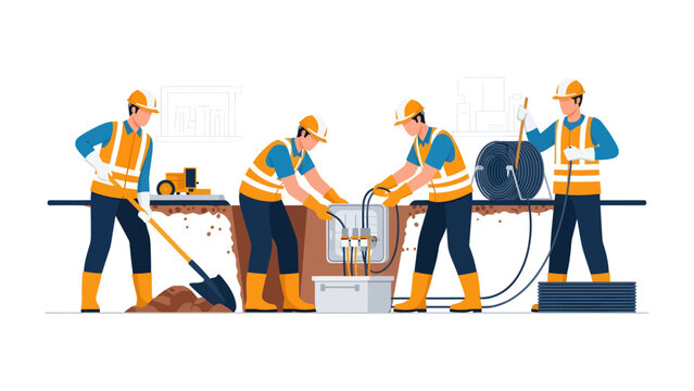 Construction Crew at Work: A team of skilled construction workers, dressed in safety gear, meticulously install infrastructure components in a modern construction scene. 